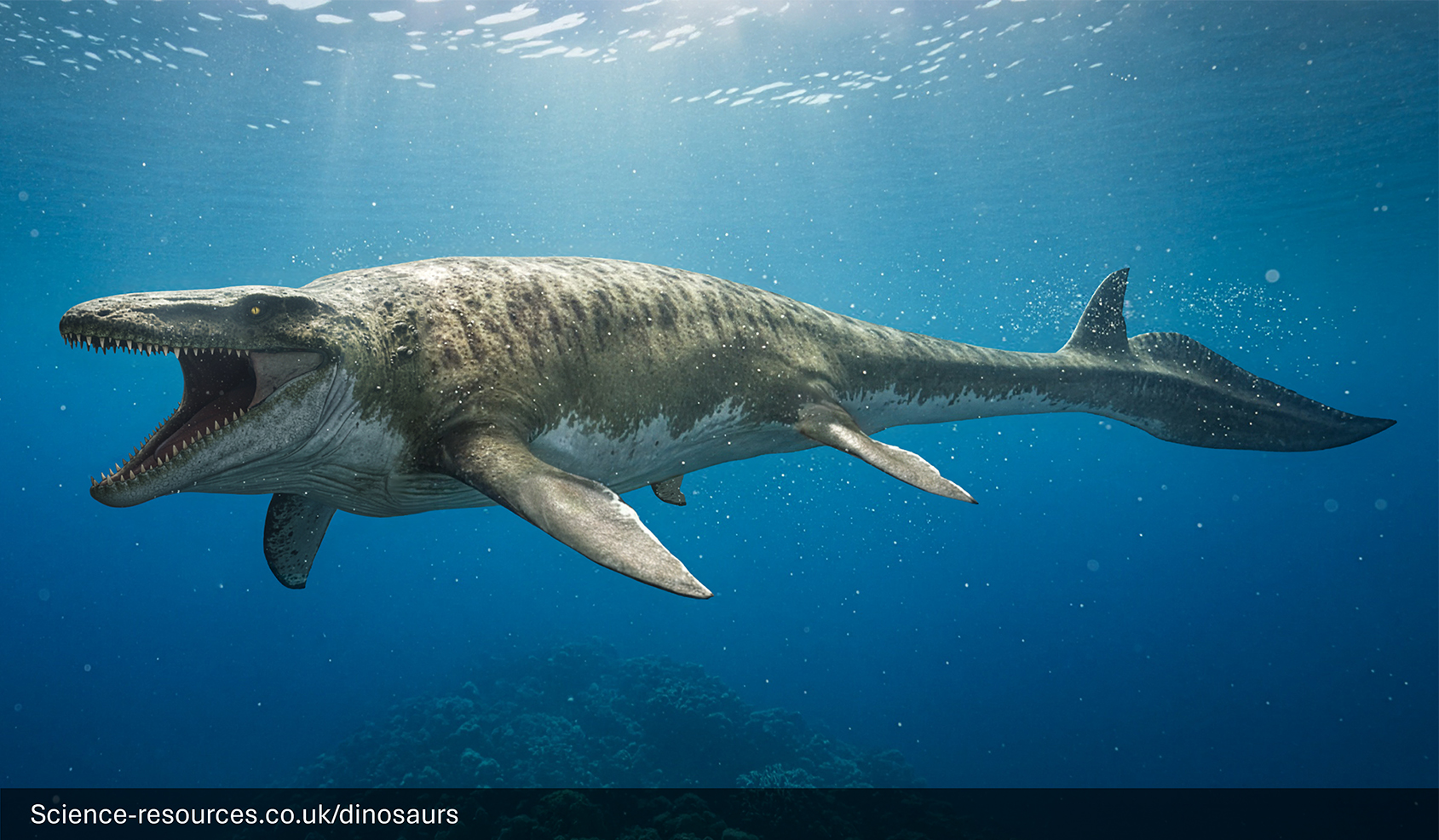 A realistic depiction of an Jurassic World Rebirth Mosasaurus swimming in a prehistoric ocean.